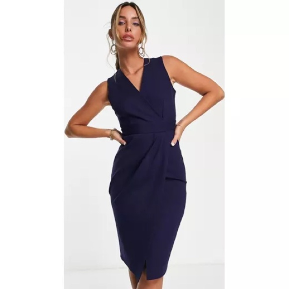 ASOS Closet London Gathered Wrap Midi Dress in Navy